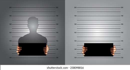 Police background measuring lines mugshot in international decimal standard and banner on two hands, vector 