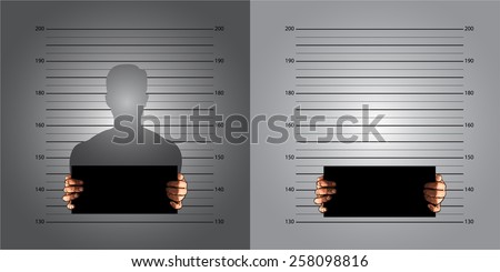 Police background measuring lines mugshot in international decimal standard and banner on two hands, vector 