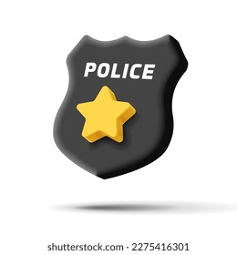 Police badge 3d icon, black shield with golden star, render digital label