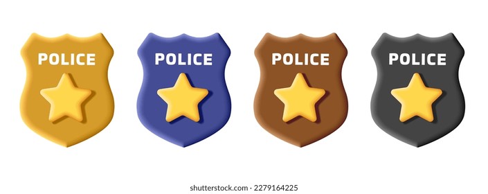 Police badge 3d icon, shield with golden star set in different colors, render digital label