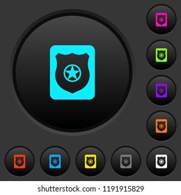 Police badge dark push buttons with vivid color icons on dark grey background