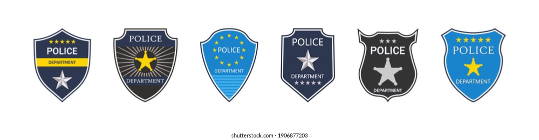 Police badge. Police department. Emblem of shield for cop and officer. Sign of security, law and protect. Symbol of sheriff, detective and policeman. Label with star and crest. Icon of patrol. Vector.