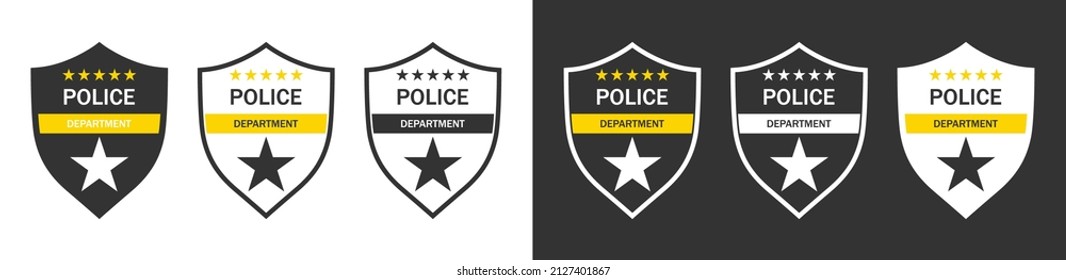 Police badge. Police department emblems isolated on white and black background. Flat outline badges with shields for cop, officer and sheriff. Symbol of detective and policeman. Vector.