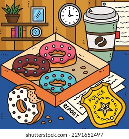 Police Badge, Donuts, Coffee Colored Cartoon 