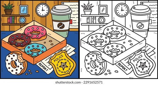 Police Badge, Donuts, Coffee Coloring Illustration