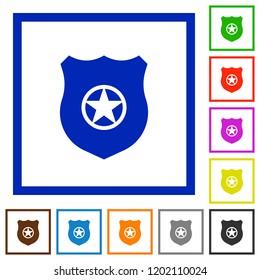 Police badge flat color icons in square frames on white background