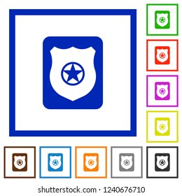 Police badge flat color icons in square frames on white background