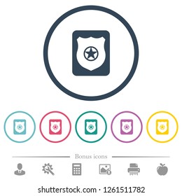 Police badge flat color icons in round outlines. 6 bonus icons included.