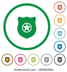 Police badge flat color icons in round outlines on white background