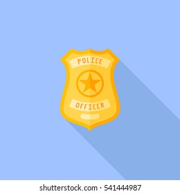 Police badge flat icon with long shadow on blue background. Vector illustration.