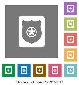 Police badge flat icons on simple color square backgrounds