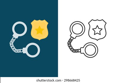 Police badge and handcuffs flat line style vector icon