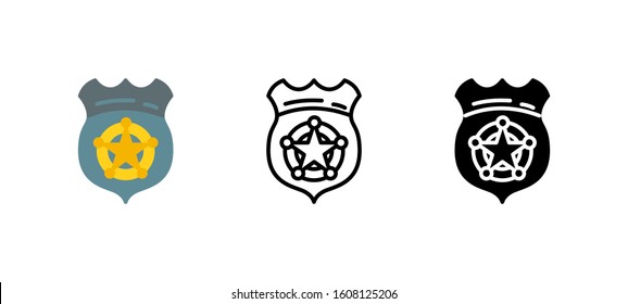 Police Badge Icon. Service Flat, Silhouette, Line Vector Illustration On White Background