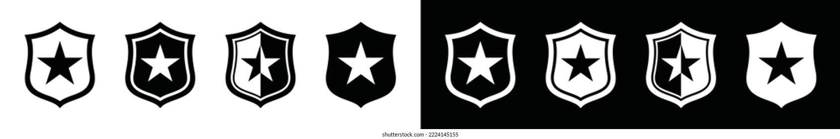 Police badge icon set. Shield and stars icon. Regional police chief badge or sheriff badge sign. Vector illustration