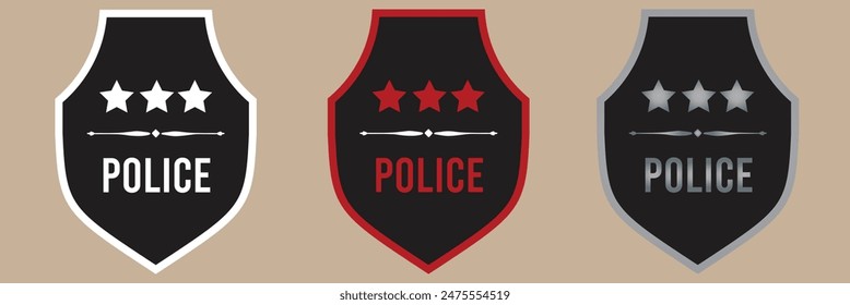 Police badge icon. Shield icon set in vintage style. Protect shield security line icons. Badge quality symbol, sign, logo or emblem. Vector illustration. Eps10.
