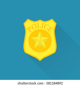 Police badge icon. Vector illustration flat design. Isolated on blue background with long shadow. Sign cop. Symbol protect. Emblem sheriff.