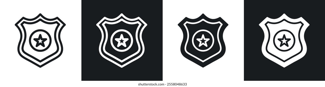 Police badge icons pack in black and white filled and outlined versions.