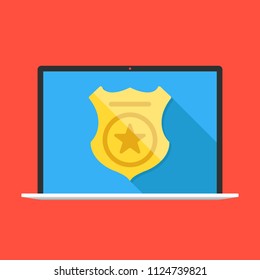 Police badge on laptop screen. Online police service concepts. Flat design. Vector illustration