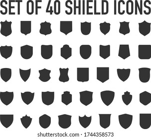 Police badge shape. 40 icons Vector military shield silhouettes. Security patches isolated on white background. Illustration shield shape protection, black security and football badge vector