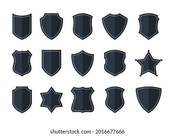 Police badge shape. Vector icon set of badge for office, law, football patches, government agent isolated on white background. Security black labels, military shield silhouettes. Sheriff star emblems