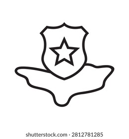 Police badge shield on map area line icon, representing jurisdiction, law enforcement territory, and local security.