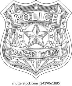 A police badge shield star sheriff cop crest emblem or symbol motif in a vintage woodcut style.