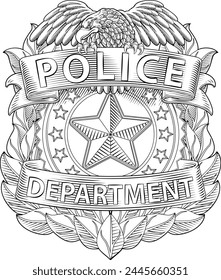 A police badge shield star sheriff cop crest emblem or symbol motif with eagle in a vintage woodcut style.