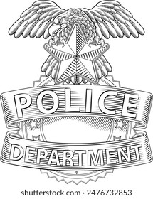 A police badge shield star sheriff cop crest emblem or symbol motif with eagle in a vintage woodcut style.