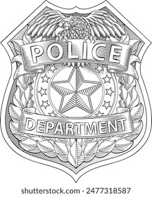 A police badge shield star sheriff cop crest emblem or symbol motif with eagle in a vintage woodcut style.