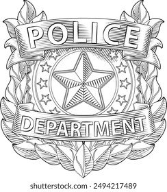 A police badge shield star sheriff cop crest emblem or symbol motif in a vintage woodcut style.