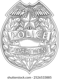 A police badge shield star sheriff cop crest emblem or symbol motif with eagle in a vintage woodcut style.