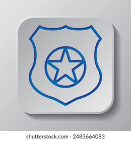 Police badge simple icon. Flat design. Paper cut design. Cutted blue symbol with shadow. Gray badge button, gray background.ai