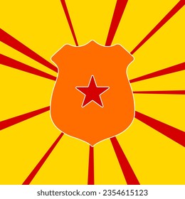 Police badge symbol on a background of red flash explosion radial lines. The large orange symbol is located in the center of the sun, symbolizing the sunrise. Vector illustration on yellow background