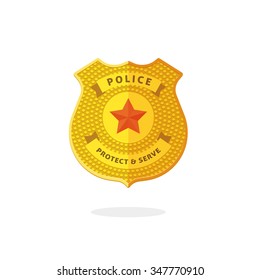 Police Badge Vector Illustration, Flat Icon Design Label, Protect And Serve Law Order Sign Symbol, Golden Metallic Policeman Officer Ribbon Isolated On White, Sheriff Emblem, Logo Idea, Modern Element