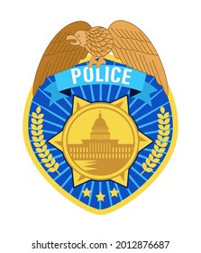 Police badge vector. Sheriff, marshal label illustrations. Law enforcement emblems for national days. Ranger, policeman  medallions. Signs, stickers of security federal agent.