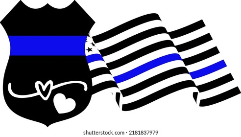 Police Badge with Waving Flag Vector, Thin Blue Line Flag illustration svg