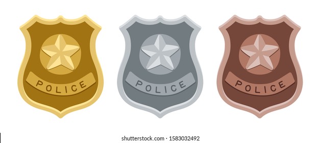 Police badges. Gold, silver and bronze shields. Isolated law enforcement vector labels