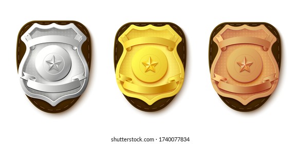 Police badges or law force department officers emblems set in gold, brass and silver metal, realistic mockup vector illustration isolated on white background.