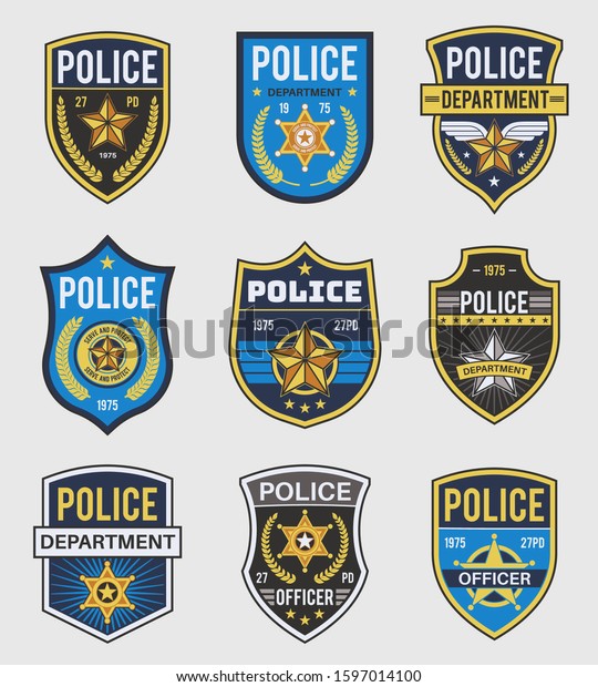 Police badges. Officer government badge, special\
police security medallion and federal agent signs, policeman\
insignia vector simple patches\
set