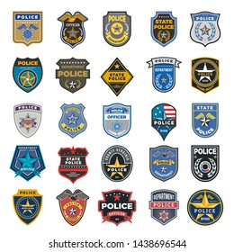 Police badges. Officer security federal agent signs and symbols police protection vector logo. Illustration of federal police, policeman insignia, officer badge