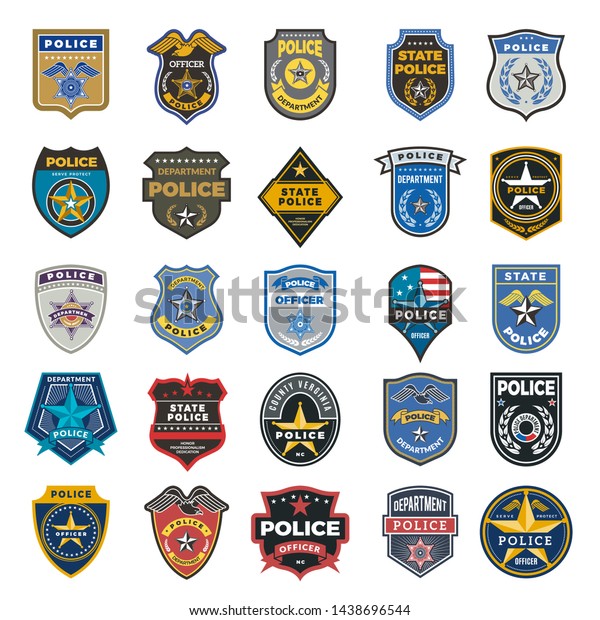 Police badges. Officer security
federal agent signs and symbols police protection vector logo.
Illustration of federal police, policeman insignia, officer
badge