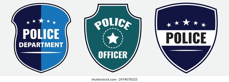 Police badges. Security officer and federal department signs, state policeman badge with star symbols vector set. Emergency service patches for detectives, cops and rangers, protection from crime