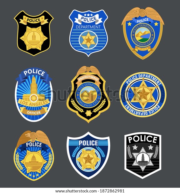 Police badges set vector. Sheriff, marshal label\
illustrations. Law enforcement emblems for national days. Ranger,\
policeman  medallions. Signs, stickers of security federal\
agent.