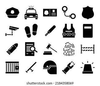 Police Black Icon Set. Handcuffs, Prison, Police Line, Baton, Stun Gun Vector Illustration