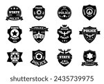 Police black symbol. Cop badge with shield and sheriff star, law enforcement officer insignia. Vector federal police department emblem collection of authority white and black insignia illustration