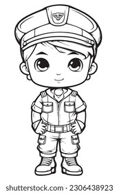 Police ,Black and white coloring pages for kids, simple lines, cartoon style, happy, cute, funny, The drawings in the children's coloring book are depicted in a series of different professions.