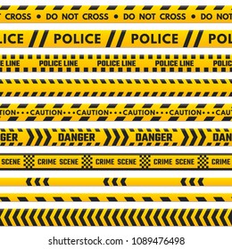 Police black and yellow line do not cross. Barricade boundary isolated by danger tape. Crime scene barrier stripes, industrial striped tape barriers vector set isolated on white background