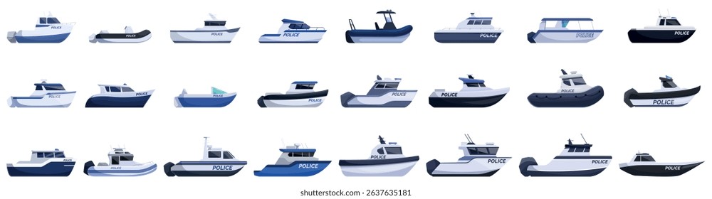 Police boat icons set. Diverse fleet of police patrol boats safeguarding coastal areas, conducting maritime patrols, and ensuring public safety on the water
