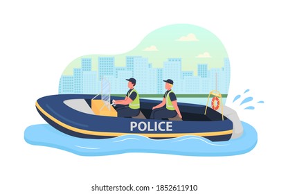 Police boat patrol 2D vector web banner, poster. Law enforcement. Marine officers flat characters on cartoon background. Special service vehicle printable patch, colorful web element