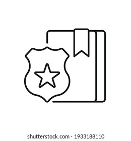 Police book linear icon. Law enforcement. Constitution of laws, protection equipment. Thin line contour symbols. Isolated vector outline illustrations. Editable stroke